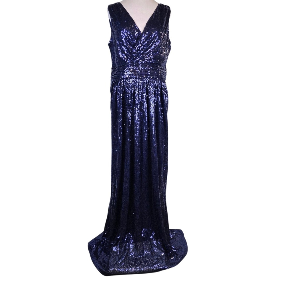 Kate Kasin Midnight Blue Sequin Maxi‎ Dress 16 Evening Prom Formal Gala Gown